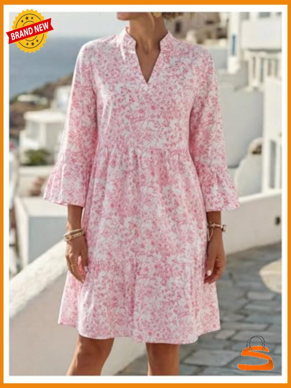 Floral V Neck Ruffle 3/4 Sleeve Swing Dress Flowy Beach Vacation Short Sundress - Picture 4 of 5
